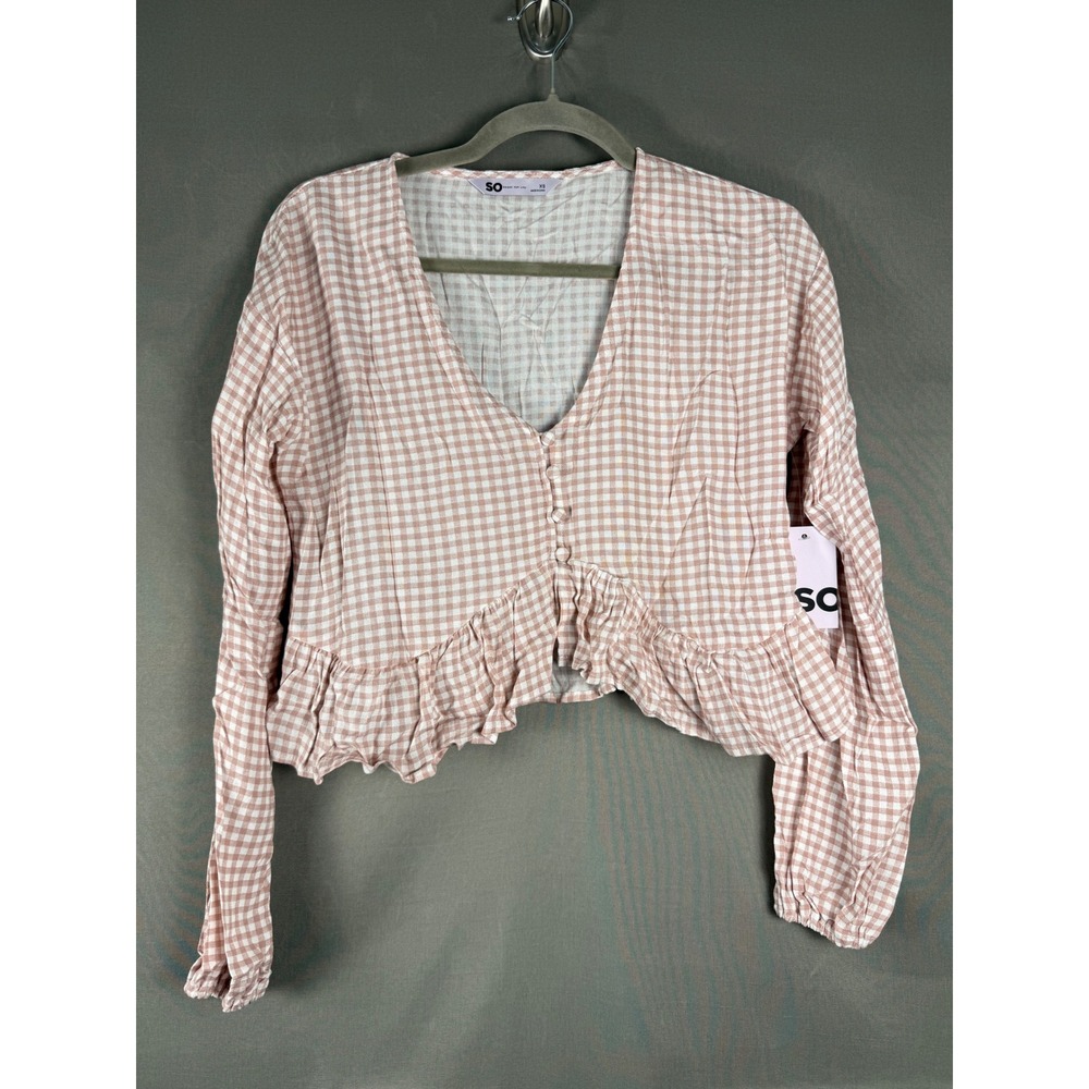 SO Gingham Flounce Top Women XS Blush White Long Sleeve V-Neck Peplum Cropped
